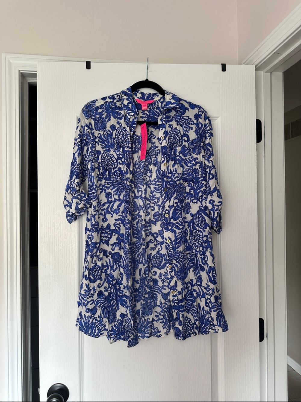 Lilly Pulitzer Blue and White Floral Tunic with Pink Accent